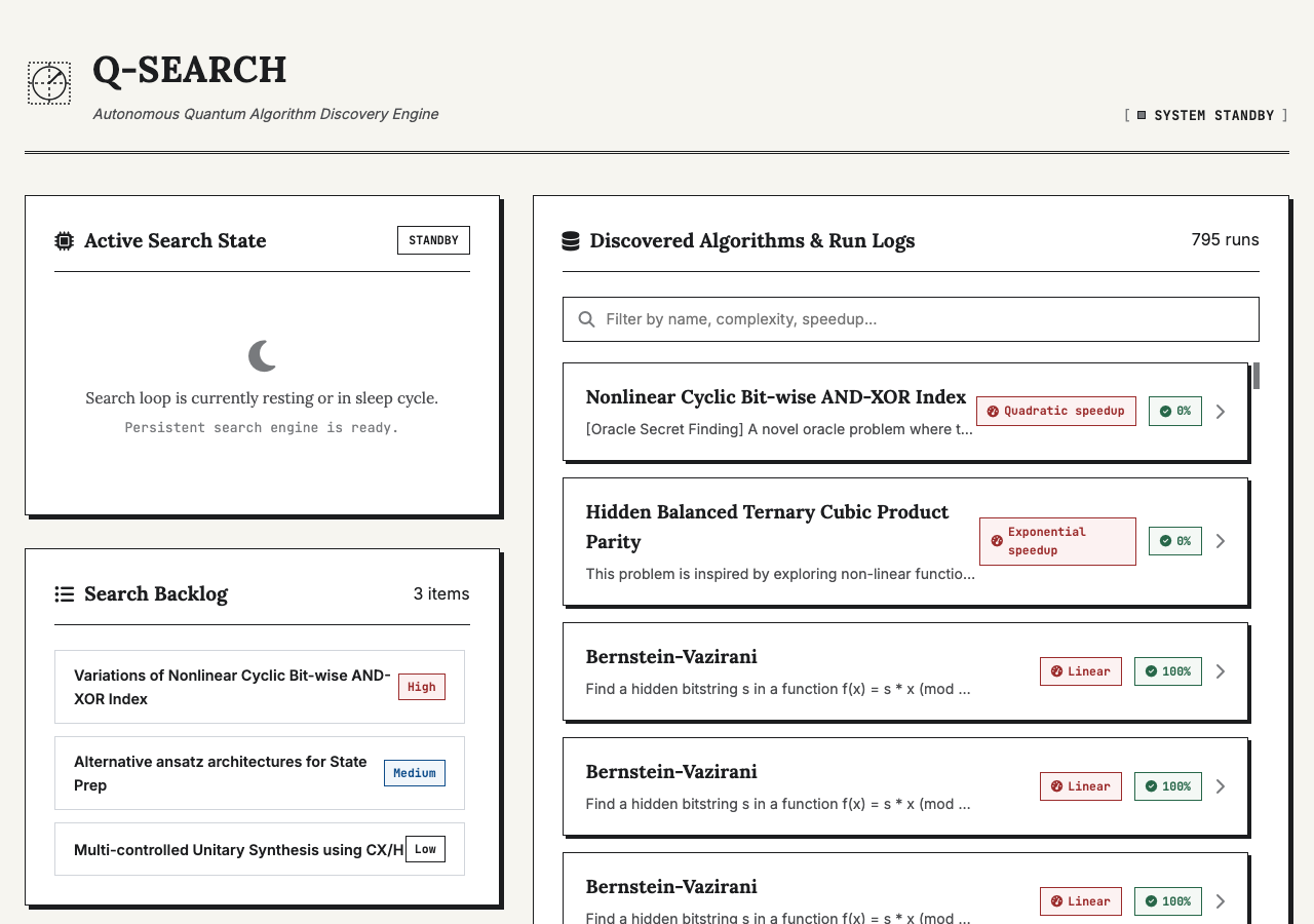 Q-Search Autonomous Quantum Discovery Dashboard Screenshot